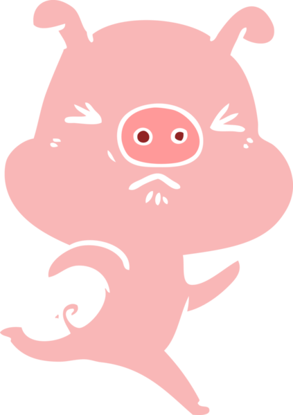 Düz renkli çizgi film. Sinirli domuz bir insan tarafından çizilmiş.