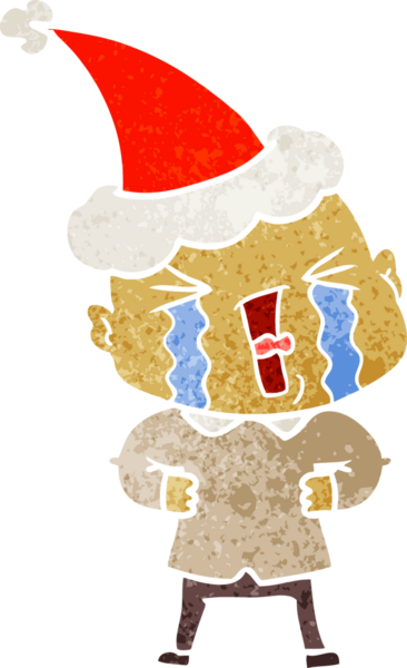 Ağlayan ve Noel Baba şapkası takan kel bir adamın insan tarafından çizilmiş eski bir karikatürü.