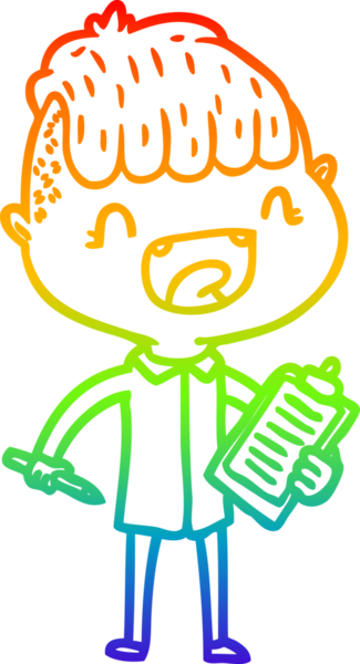 Gökkuşağı gradyan çizgi çizimi. Bir insan tarafından çizilmiş, elinde klip tahtası olan mutlu bir çocuk.