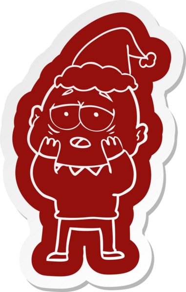 Bir insan tarafından çizilmiş Noel Baba şapkası giyen yorgun kel bir adamın garip çizgi film etiketi.
