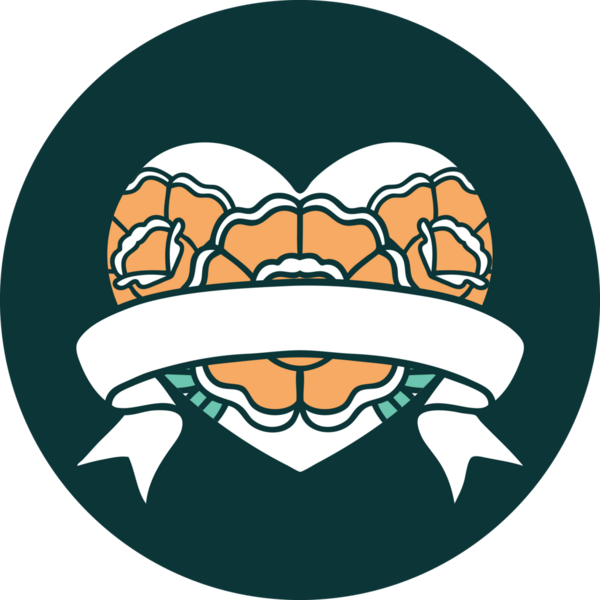 İkonik dövme stili bir kalp ve bir insan tarafından çizilmiş çiçekli pankart.