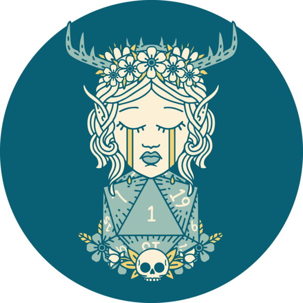 Retro Dövme Tarzı Ağlayan Elf Druid karakteri suratı Bir insan tarafından çizilmiş doğal bir D20 ruloyla