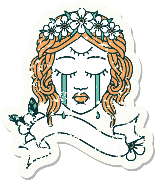 Üzerinde kadın yüzü bayrağı olan eski bir etiket üçüncü gözü ve bir insan tarafından çizilmiş çiçek taçı.