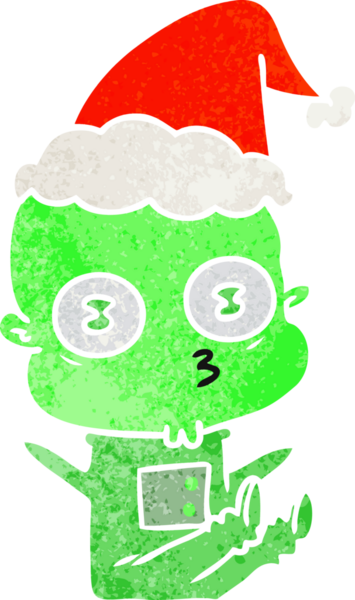 Bir insan tarafından çizilmiş Noel Baba şapkası giymiş garip kel bir uzaylının el çizimi karikatürü.