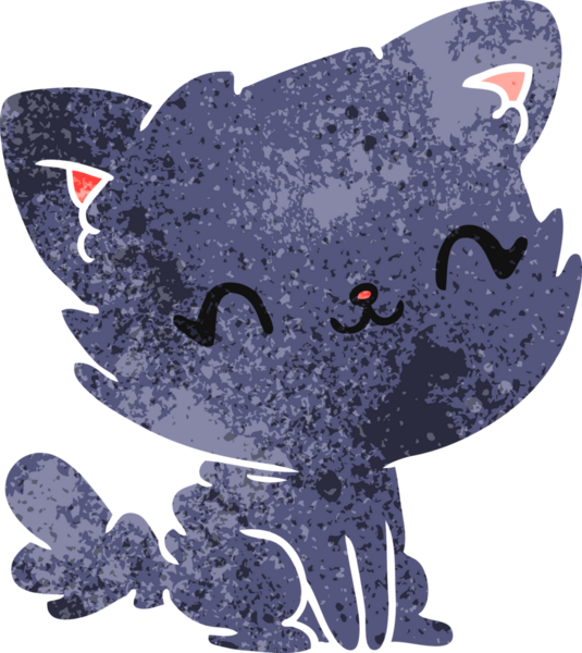 Retro çizgi film illüstrasyonu. Bir insan tarafından çizilmiş sevimli kawaii pofuduk kedi.