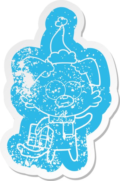 Sinirli köpek çizgi filmi. Hediye etiketi. Noel Baba şapkası takıyor.