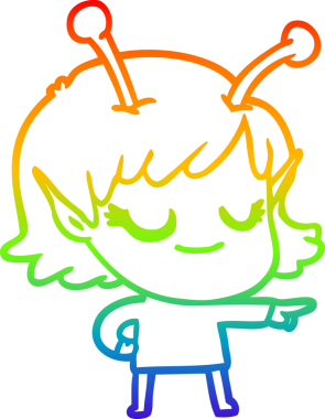 Bir insan tarafından çizilmiş gülümseyen uzaylı kız çizgi filmi.