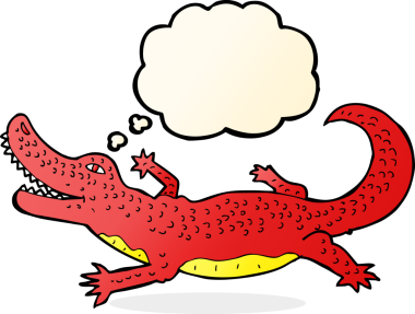 Bir insan tarafından çizilmiş düşünce baloncuklu timsah çizgi filmi.