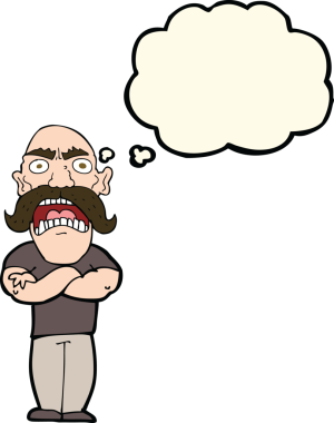 Bir insan tarafından çizilmiş düşünce baloncuğu olan kızgın bir adam.