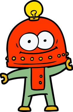 Bir insan tarafından çizilmiş ampullü mutlu karton robot.