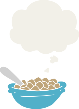 Düşünce baloncuklu mısır gevreği kasesi insan tarafından çizilmiş.