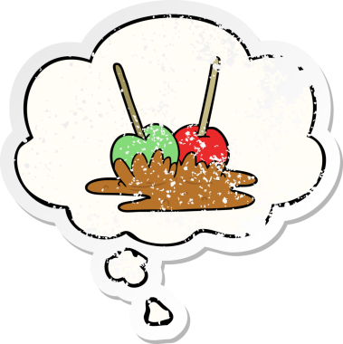 Düşünce baloncuklu karikatür elmaları bir insan tarafından çizilmiş yıpranmış bir çıkartma.