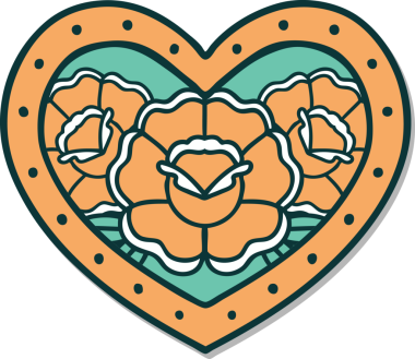 Geleneksel kalp stili dövme çıkartması ve bir insan tarafından çizilmiş çiçekler.