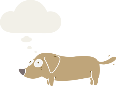 Düşünce baloncuğu olan bir insan tarafından çizilmiş çizgi film köpeği.