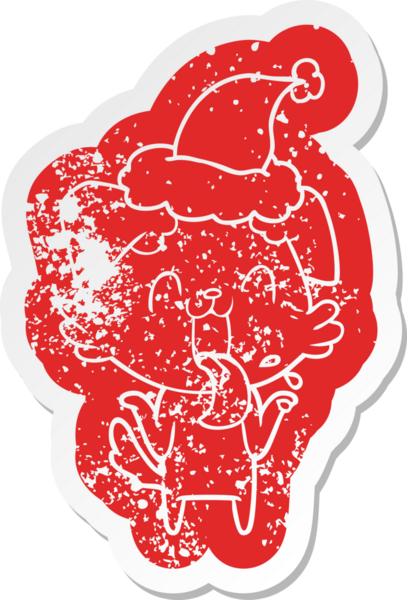 Bir insan tarafından çizilmiş Noel Baba şapkası giyen, nefes nefese kalmış, omuz silken bir köpeğin çizdiği garip bir çizgi film.