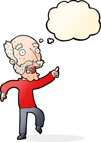 Çizgi film, bir insan tarafından çizilmiş düşünce balonuyla korkmuş yaşlı bir adam.