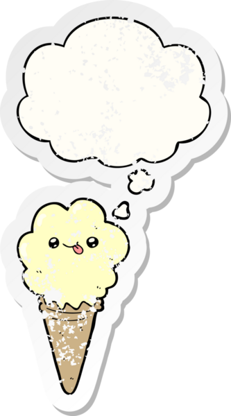 Düşünce baloncuklu çizgi film dondurması insan tarafından çizilmiş yıpranmış bir çıkartma gibi.