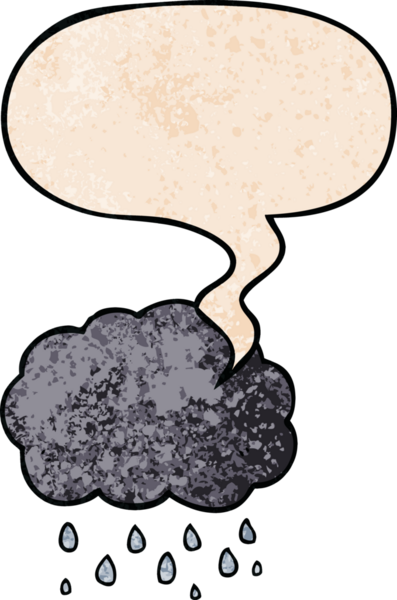 Bir insan tarafından çizilmiş eski dokuda konuşma baloncuğuyla yağmur yağıyor.