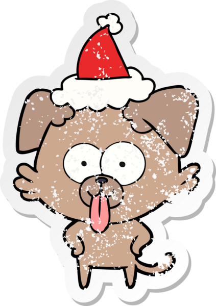 Bir insan tarafından çizilmiş Noel Baba şapkası giymiş, dili dışarı fırlamış bir köpeğin el yazısı.