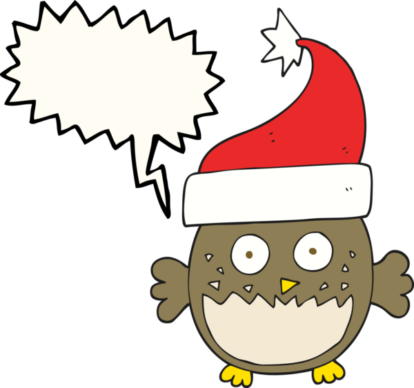 Bir insan tarafından çizilmiş noel şapkası giyen serbest konuşma balonu karikatürü baykuşu.