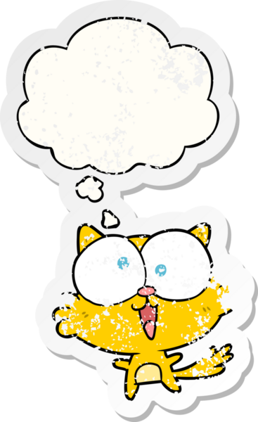 Düşünce baloncuğu olan çılgın çizgi film kedisi bir insan tarafından çizilmiş yıpranmış bir çıkartma.