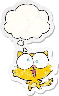 Düşünce baloncuğu olan çılgın çizgi film kedisi bir insan tarafından çizilmiş yıpranmış bir çıkartma.