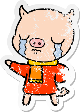 Bir insan tarafından çizilmiş eşarp giyen, ağlayan bir domuzun dertli çıkartması.