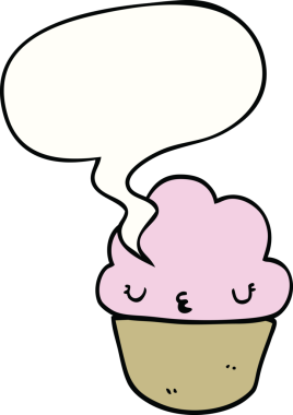 Bir insan tarafından çizilmiş, yüzü konuşma baloncuğu olan bir kek.