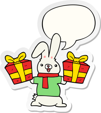 Bir insan tarafından çizilmiş konuşma balonu etiketli bir çizgi film tavşanı sunar.