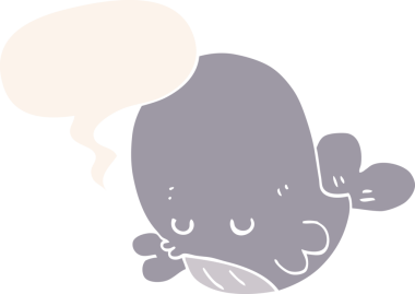 Konuşma baloncuğu olan çizgi film balinası insan tarafından çizilmiş.