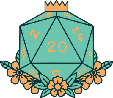 Retro Dövme Biçimi Doğal 20 D20 zar bir insan tarafından çizilmiş çiçek elementleriyle