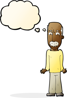 Çizgi filmdeki baba, bir insan tarafından çizilmiş düşünce balonuyla omuz silkiyor.