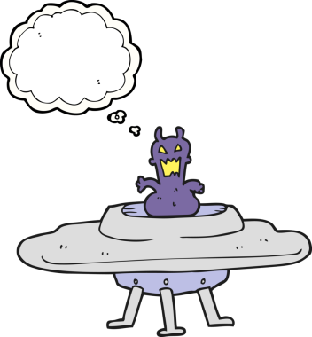 Serbest çizim düşünce baloncuğu çizgi film uzaylısı bir insan tarafından çizilmiş bir uçan daire.