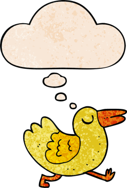 Bir insan tarafından çizilmiş grunge desenli düşünce baloncuklu çizgi film kuşu.