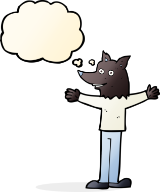 Bir insan tarafından çizilmiş düşünce baloncuğu olan bir kurt adam.