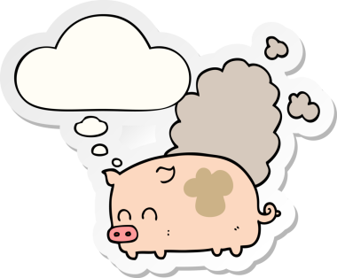 İnsan tarafından çizilmiş bir çıkartma gibi düşünce baloncuklu kokuşmuş domuz.