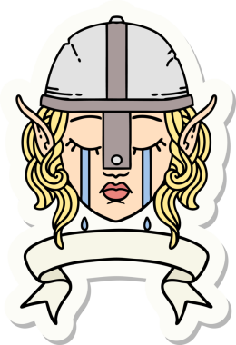 Ağlayan bir elf savaşçısı karakterinin çıkartması. İnsan tarafından çizilmiş bir pankartıyla.