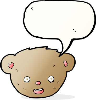 Bir insan tarafından çizilmiş konuşma balonlu oyuncak ayı yüzlü çizgi film.