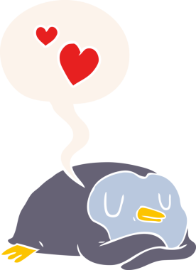 Bir insan tarafından çizilmiş, aşk dolu, konuşma balonu olan penguen çizgi filmi.