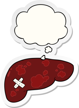 Düşünce baloncuğu insan tarafından çizilmiş bir çıkartma ile sağlıksız karaciğer çizgi filmi.