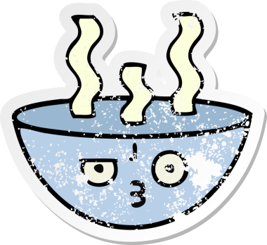 Bir insan tarafından çizilmiş sıcak çorba kasesinin hüzünlü çıkartması.