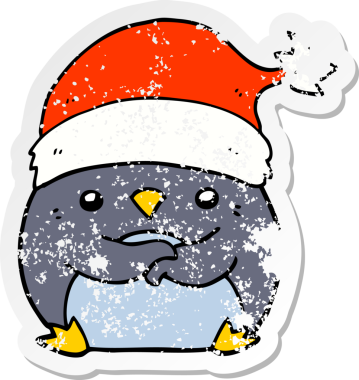 Bir insan tarafından çizilmiş Noel şapkası giyen sevimli bir penguenin sıkıntılı çıkartması.