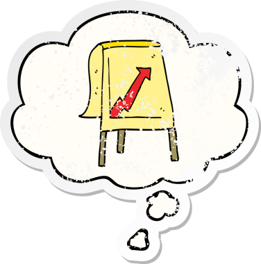 Düşünce baloncuklu oklu karikatür çizelgesi bir insan tarafından çizilmiş yıpranmış bir çıkartma.