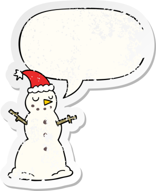 Kardan adam ve konuşma baloncuğu bir insan tarafından çizilmiş sıkıntılı eski bir çıkartma.