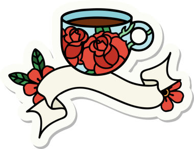 Bir fincanın pankartıyla dövme stili çıkartması ve bir insanın çizdiği çiçekler