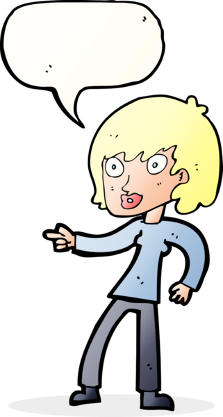 Bir insan tarafından çizilmiş bir konuşma balonuyla işaret eden çizgi film kadını.