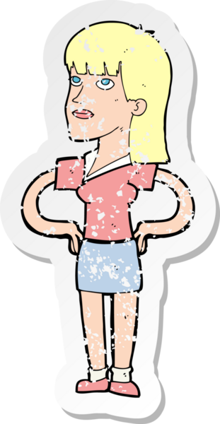 Bir insan tarafından çizilmiş kalçasında elleri olan bir karikatür kadının gerilmiş çıkartması.