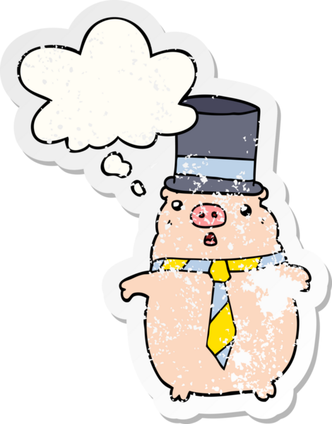 Düşünce baloncuğu olan çizgi film işindeki domuz insan tarafından çizilmiş yıpranmış bir çıkartma.