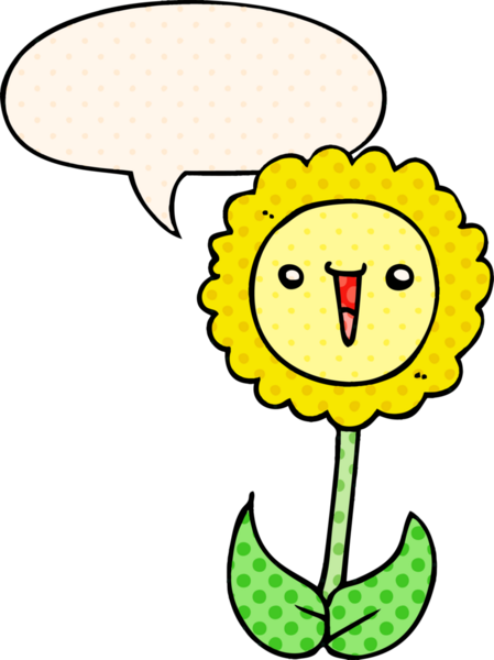 Bir insan tarafından çizilmiş çizgi roman tarzında konuşma baloncuğu olan karikatür çiçeği.