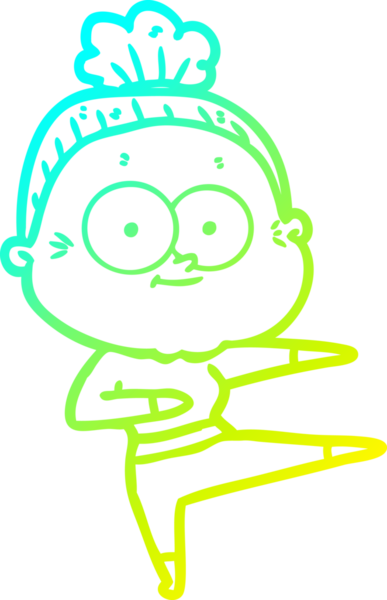 Bir insan tarafından çizilmiş, mutlu, yaşlı bir kadının çizimi.